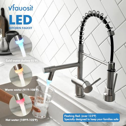 VFAUOSIT Kitchen Faucet with Pull Down Sprayer, Brushed Nickel LED Light | Dual Outlets, Hands-Free Spray Lock, 360° Swivel, cUPC/CEC Certified, 10-Minute Tool-Free Setup, Ceramic Disc Valve - color: Brushed Nickel-04