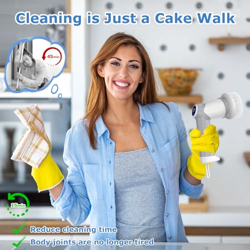 DAESUNG Electric Spin Scrubber, Electric Bathroom Brush with 7 Replaceable Heads, Power Scrubber with LED Display, Electric Scrubbers for Cleaning Shower, Tile, Grout, Sink - color: A-white