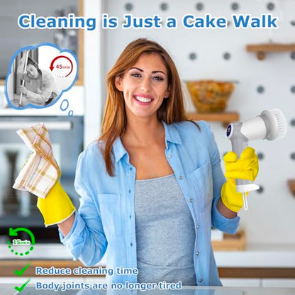 DAESUNG Electric Spin Scrubber, Electric Bathroom Brush with 7 Replaceable Heads, Power Scrubber with LED Display, Electric Scrubbers for Cleaning Shower, Tile, Grout, Sink - color: A-white