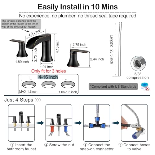 Oil Rubbed Bronze Waterfall Bathroom Faucet 2 Handle, 8 Inch Widespread Bathroom Sink Faucet 3 Hole with Supply Lines, Brass Material for Vanity, Lavatory, Restroom, Farmhouse, NO Pop-up Drain - color: Oil Rubbed Bronze, style: NO Pop Up Drain