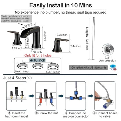 Oil Rubbed Bronze Waterfall Bathroom Faucet 2 Handle, 8 Inch Widespread Bathroom Sink Faucet 3 Hole with Supply Lines, Brass Material for Vanity, Lavatory, Restroom, Farmhouse, NO Pop-up Drain - color: Oil Rubbed Bronze, style: NO Pop Up Drain