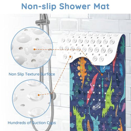 Bathtub Mats for Kids, Cartoon Blue Dinosaur Bath Mat for Tub Non Slip, 40 X 16 Inch Large Washable Bathtub Mat Non Slip for Showers with Drain Holes and Suction Cups - color: Blue Dinosaur