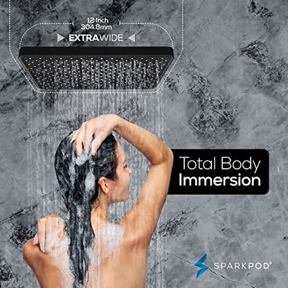 SparkPod 12 Inch Black Rain Shower Head - Ceiling or Wall Mount Rainfall Shower Head - Large Coverage Showerhead - Brass Ball Joint with 360° Adjustment - 1-Min Install (Midnight Black Matte) - color: 3 - Midnight Black Matte 12 Inch Rectangle, style: 12