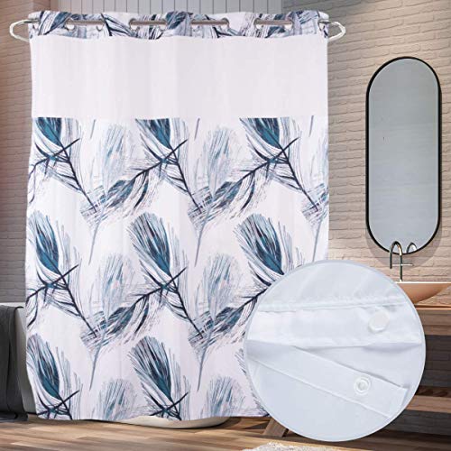 Long 71x79 Fabric No Hooks Shower Curtain with Polyester Snap-in Liner –100% Waterproof Machine Washable Top See Through Mesh Window Blue - color: Feather, size: 71"W x 79"L (Pack of 1)