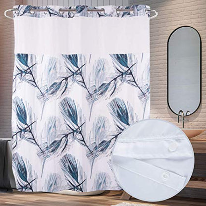 Long 71x79 Fabric No Hooks Shower Curtain with Polyester Snap-in Liner –100% Waterproof Machine Washable Top See Through Mesh Window Blue - color: Feather, size: 71"W x 79"L (Pack of 1)