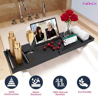 Bath Tray for Tub and Ergonomic Pillow Premium - Caddy Expandable 29 to 42.5 Inch -Foldable Bamboo Wood Tub Organizer - Luxury Bathtub Tray Wood Bamboo - color: Black