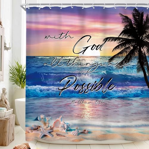 Ocean Coastal Bible Verse Sunrise Beach Quotes Bathroom Shower Curtain Set | 72Wx72L Tropical Palm waterproof HD printed fabric, quick-dry feel, and hooks for easy installation - color: A-01beach Bible, size: 72"W x 72"L (Pack of 1)