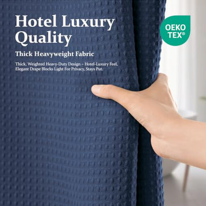 Extra Wide Waffle Shower Curtain 256 GSM Fabric 84x72 Navy Blue | 84 Inch Wide, Thick Polyester Cloth, Weighted Hem, Water Repellent, Washable Hotel Shower Curtain Set for Bathroom 14 Hooks - color: Navy Blue, size: 84"W x 72"L (Pack of 1)