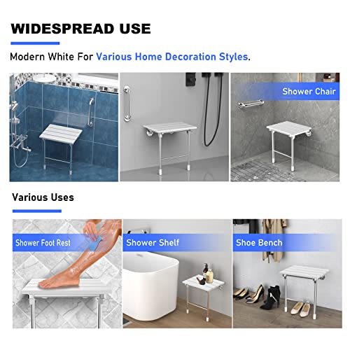 Folding Shower Seat, Wall Mounted Bathroom Safety Stool Chair with Support Legs, Foldable Wall Wood Shower Bench for Seniors (White)