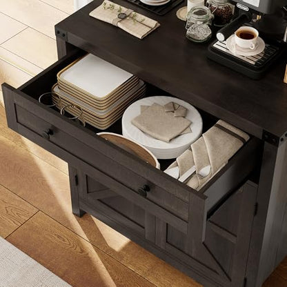 HOSTACK Kitchen Storage Cabinet, Farmhouse Coffee Bar Cabinet, Dark Brown | Small Buffet Cabinet with Doors & Wide Drawer, Wood Sideboard Buffet, Entry Table w/ Adjustable Shelf for Dining Living Room - color: Dark Brown