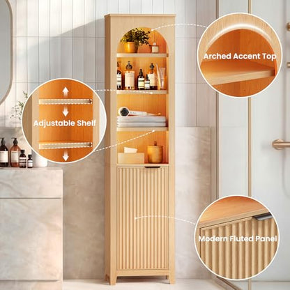 71'' Tall Bathroom Storage Cabinet with Light, 7-Tier Freestanding Narrow Bathroom Cabinet with Adjustable Shelf, Fluted Slim Storage Cabinet for Small Spaces, Bathroom, Living Room, Oak