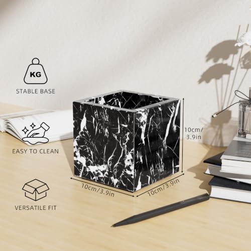 Rectangular Toothbrush Holder,Pencil Cup,3.9x3.9x3.9in,Black | Marble Pen Holders with Natural Patterns,Makeup Brush Organizer with Anti Slip Foot Pads,Stone Utensil Container for Office - color: Black