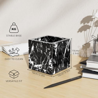 Rectangular Toothbrush Holder,Pencil Cup,3.9x3.9x3.9in,Black | Marble Pen Holders with Natural Patterns,Makeup Brush Organizer with Anti Slip Foot Pads,Stone Utensil Container for Office - color: Black