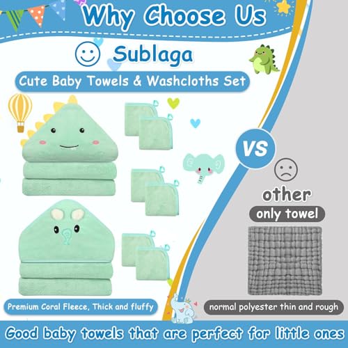 8 Pcs Baby Towel and Washcloths Set, Soft Baby Towels(Elephant & Dinosaur) | 2Pcs 32x32 in Cute Hooded Baby Towels & 6Pcs Baby Washcloths for Infant, Toddler and Kid, Baby Bath Essentials for Boy & Girl - color: Green Elephant & Dinosaur-8pcs