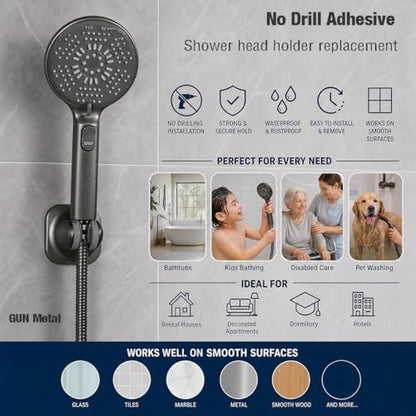 Handheld Shower Head Holder - 5 Positions Adjustable - Slide to Fit - Adhesive Mount with Screw Option, Bathroom Wall Mount Shower Hose Holder (Gun Metal) - color: Gun Metal