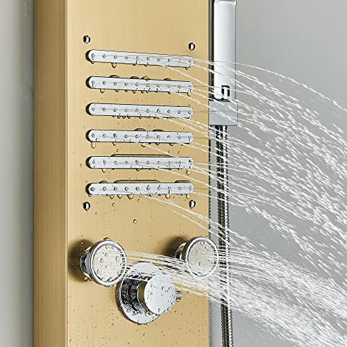 Brushed Gold LED Shower Panel Tower Massage Body Jets System Rain Waterfall Mixer Hand Shower