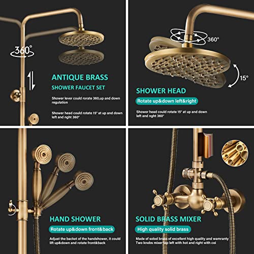 NeierThodore Antique Brass Bathroom Shower Faucet System Set 8 Inch Rainfall Shower Head Handheld Spray 2 Knobs Mixing - color: Antique Brass, size: 8 Inch 2 Modes