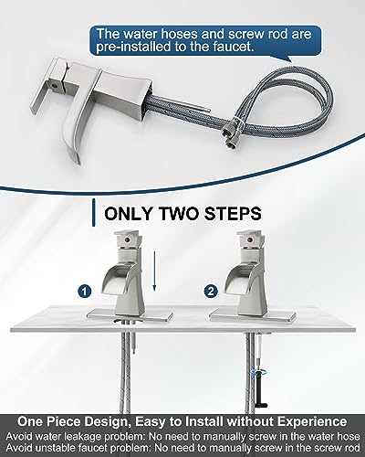 Waterfall Bathroom Sink Faucet, Brass Brushed Nickel Bathroom Faucet One Handle, 4 Inch Single Hole or 3 Holes with Pop-Up Drain, Supply Hoses & Deck Plate for Vanity Lavatory RV, 5 Mins Install - color: Brushed Nickel