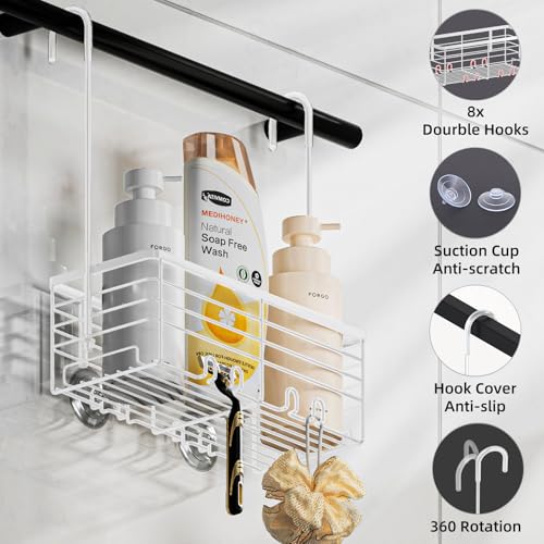 SHANSHUI Shower Caddy Hanging Bathroom Organizer Basket, Shampoo Bracket, Over Door Showers Caddy with Hooks, 304 Stainless Steel Rust Proof Rack- White - size: 10.98"D x 4.7"W x 13.6"H