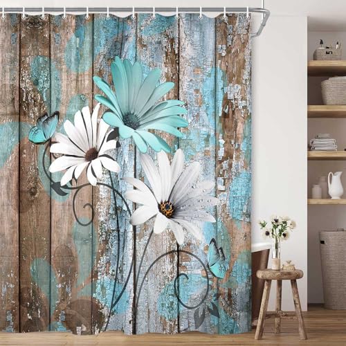 JAWO Farmhouse Flower Floral Shower Curtain, Rustic Teal Turquoise Daisy Shower Curtain Set, Country Blue Wild Garden Plant Fabric Shower Curtain with Hooks, Surreal Bathroom Curtain, 69x70inch - color: Daisy-teal, size: 69"W x 70"L (Pack of 1)