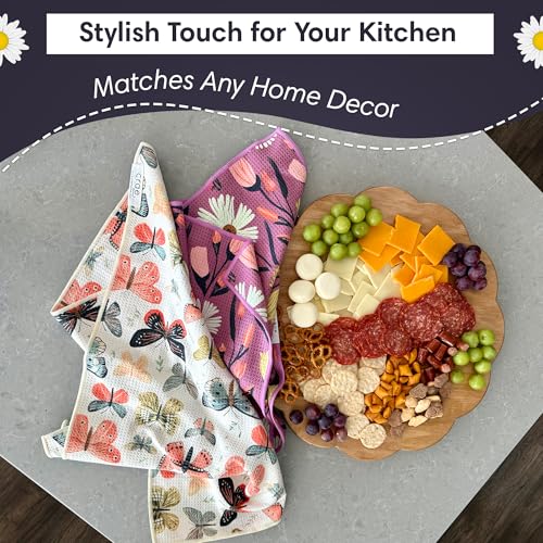 Double-Sided Microfiber Hand Towels, Waffle Kitchen Towels Set for Home Use | 2 Towels, 17x27 Inches, Durable & Soft, Fast Drying, Hand Wash Cloth and Dishcloth, Wings & Flower Farm, Purple/Cream Kitchen - color: Wings & Flower Farm - Purple/Cream, size: