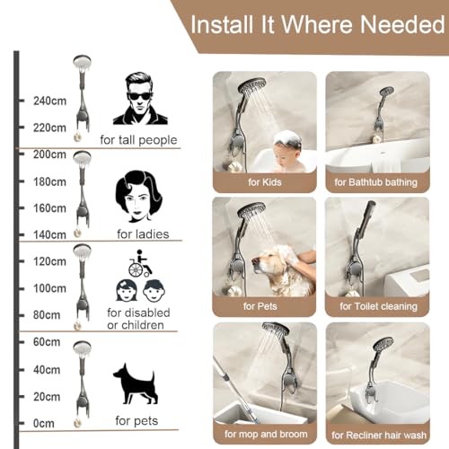 Shower Head Holder, 360° Swivel Adjustable Extra Length Arm, Flexible Wall Mount Shower Hose Holder, Removable Hand Held Shower Bracket with No Drill Suction Cup & Bonus Hook for Bathroom, Kitchen