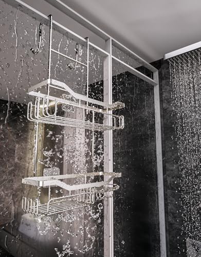 HapiRm Hanging Shower Caddy Over the Door with Soap Holder, No Drilling Adhesive Shower Organizer with 11 Hooks, Rustproof & Waterproof 304 Stainless Steel Bathroom Shelves - Brushed Nickel - color: Brushed Nickel-2