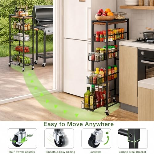 5-Tier Slim Rolling Cart Kitchen Utility Cart, Narrow Kitchen Cabinet with 4 Pull-Out Baskets - Versatile Rolling Storage Cart for Spices, Pantry & Bathroom Organization
