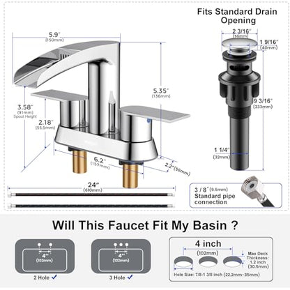 Bathroom Sink Faucet for 3 Hole, Hurran 4 Inch Bathroom Faucets with Pop-up Drain, Stainless Steel 2-Handle Waterfall Faucet for Bathroom Sink, Chrome - color: Chrome