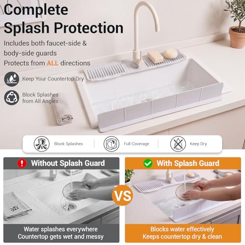 2 Pcs Kitchen Sink Splash Guard Set, 24 Inch Silicone Faucet Mat for Kitchen Sinks + 23 Inch Sink Backsplash Guard, Self Draining Faucet Splash Guards Behind Faucets, Food Grade Silicone, Gray
