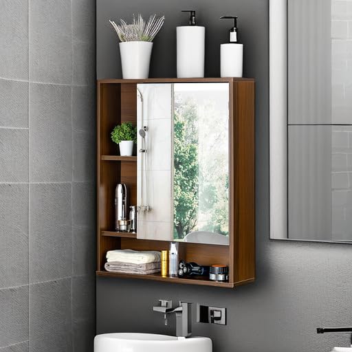 ChooChoo Bathroom Wall Mirror Cabinet, Medicine Cabinet with Storage Shelf | Over The Toilet Storage Cabinet, Adjustable Shelf, 6.3 x 21.6 x 24 Inches, Walnut - color: Walnut