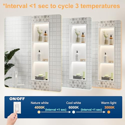 White 3-Tier 3 CCT LED Niche, 12"x36" No-Tile Shower Storage | shower niche with 3-Temperature LED Strip Light (4000K/6000K/3000K),Waterproof, Sturdy&Durable,304 Stainless Steel Wall Niche - color: White, size: 12X36In