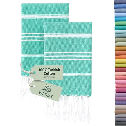 WETCAT Turkish Hand Towels with Hanging Loop, Set of 2 (20" x 30") 100% Turkish Cotton, Pre-Washed, Quick Drying, for Kitchen or Bathroom - Mint Green - color: Mint Green