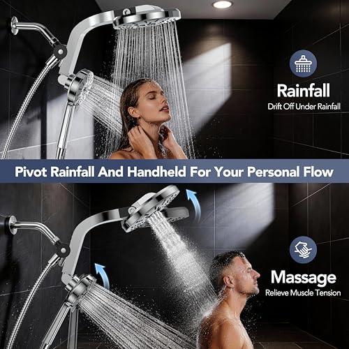 High Pressure Rain Showerhead Combo, 2026 Magnetic Shower Head Set with Detachable 8-Mode Handheld Shower Spray, Adjustable Angle Dual Showerhead System with Built-in Magnetic Docking and Power Jets - color: Chrome