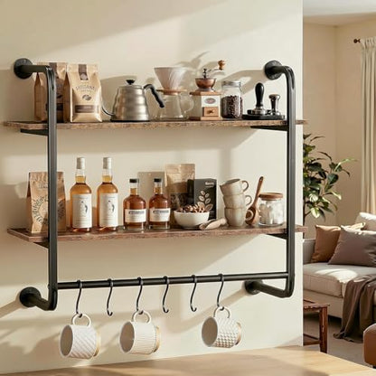2 Tier Industrial Pipe Floating Shelf, 31.5" Kitchen Wall Shelves | with Towel Bar & 6 Hooks, Coffee Bar Shelves Display Bookshelf Wall Shelf for Kitchen, Bathroom, Home Décor, Rustic Brown - size: 31.5 Inch（2 Tier）