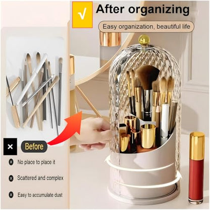 Makeup Brush Holder with Lid,360 Rotating Makeup Organizer | Makeup Brush Organizer with Diamond Pattern,Waterproof,Dustproof,Easy-Clean for Desk,Bathroom Countertop,Vanity,Travel,White
