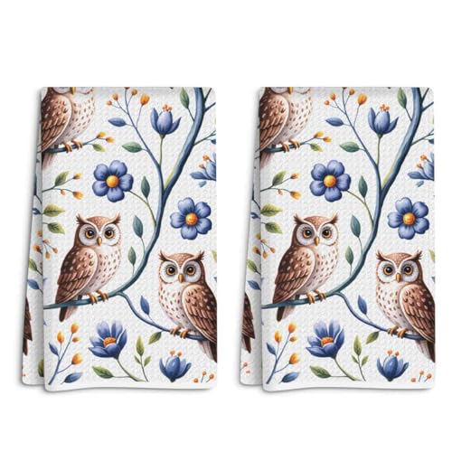 Absorbency Owl Kitchen Towels Set of 2, Flower Decorative Waffle Weave Bath Towel Kitchen Dish Guest Towels, Suitable for Kitchens Homes Bathrooms Restaurant Hotel Cafe Farmhouse Decor - color: Multicolor 356