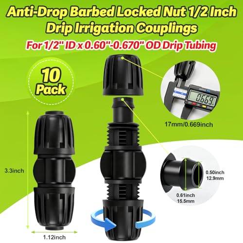 1/2 Inch Drip Irrigation Coupling Fittings, 10 Pieces Barbed Locked Coupler Connectors for 1/2 Inch Irrigation Tubing (1/2" ID x 0.670" OD) Anti-leak Straight Coupling for Garden Drip Systems - size: 1/2" Lock Nut Coupling