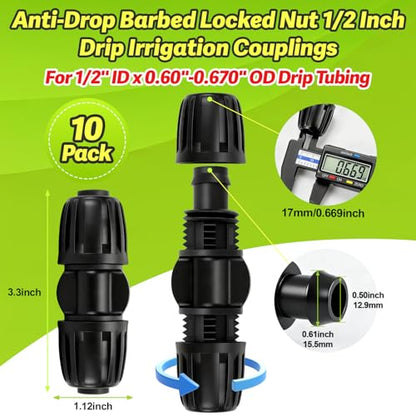 1/2 Inch Drip Irrigation Coupling Fittings, 10 Pieces Barbed Locked Coupler Connectors for 1/2 Inch Irrigation Tubing (1/2" ID x 0.670" OD) Anti-leak Straight Coupling for Garden Drip Systems - size: 1/2" Lock Nut Coupling