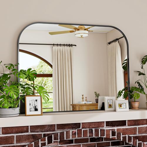 Black Arched Top Wall Mounted Mirror 38"x30" | Round Cruved Top Bathroom Vanity Mirror, Aluminum Metal Framed, Home Decor for Living Room, Fireplace, Mantle, Entryway - color: Black, size: 30"L x 38"W