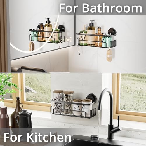 KEGII Suction Cup Shower Caddy with Hooks, No Drill Bathroom Organizer | Large Capacity Stainless Steel Shelf, Heavy Duty Hold for Shampoo and Body Wash on Smooth Surfaces, Black - color: Black