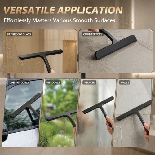 Silicone Shower Squeegee with Hanging Hook for Glass Door & Window, Black | One-Piece Seamless Design for Easy Maintenance; Streak-Free Scraper for Mirrors, Tiles, Countertops & Car Windshields