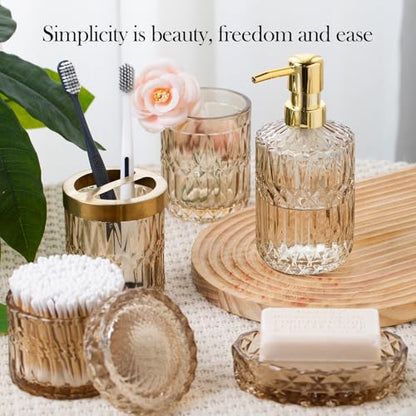 Bathroom Accessory Set 5 Pcs, Glass Bathroom Set Include Soap Dish, Toothbrush Holder, Mousewash Cup, Soap Dispenser, Cotton Swab Jar, Amber - color: Amber, style: 5 Pack