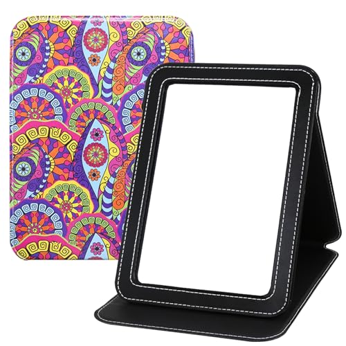 Large Foldable Travel Makeup Mirror, Adjustable Angle Portable Standing Vanity Mirror, Folding PU Leather Rectangular Rounded Corners Design for Desk Table Camping 9"x7" - color: Pattern 5
