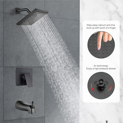 Heyalan 8 Inch Shower Set with Tub Spout and Valve, Oil Rubbed Bronze | 8-inch square rainfall head, tub spout with diverter, male-thread rough-in valve, single-handle control and wall-mount design - color: Oil Rubbed Bronze, size: 8 Inch Square Shower He