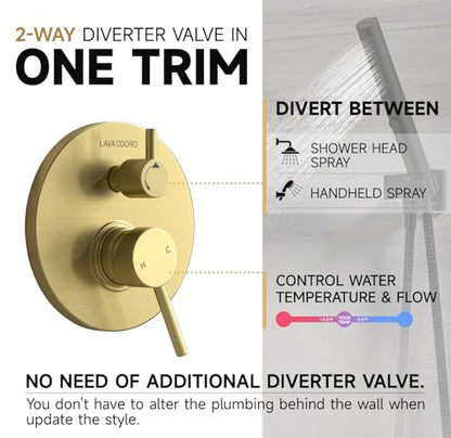 Lava Odoro Modern 2-Setting Round Rain Shower System, Gold Rainfall Shower Faucet Set Rain Shower Head and Handle Set, Shower Valve Trim Kit, 10 Inch, Brushed Gold, SF104-SG - color: Brushed Gold, style: Without Tub Spout
