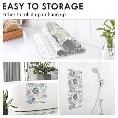 Bath Mat for Tub, Cute Seashells, 40 X 16 Inch, for Bathtub | Ocean Starfish Beach Extra Long Tub with Suction Cups and Drain Holes for Kid Adult Elderly - color: Seashells