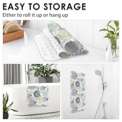 Bath Mat for Tub, Cute Seashells, 40 X 16 Inch, for Bathtub | Ocean Starfish Beach Extra Long Tub with Suction Cups and Drain Holes for Kid Adult Elderly - color: Seashells