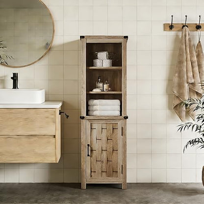 Farmhouse Storage Cabinet, Narrow Corner Linen Tower with Door & Adjustable Shelves,Versatile Bathroom & Living Room Organizer，Light Brown