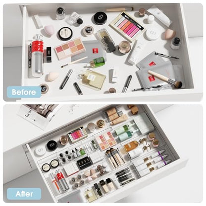 Expandable Makeup Drawer Organizer, Clear Silverware Drawer Organizer Tray. | Width (10.6"-20.1") Depth (11"-20.1") Height1.9", with 6 Removable Dividers, Great for Cosmetic,Utensils,Stationery,Office